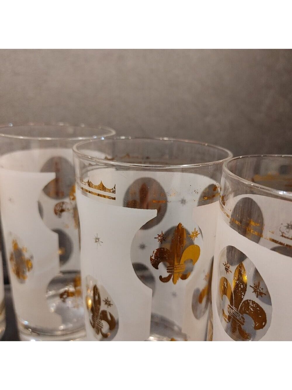 Libbey Highball Glasses Frosted Fleur de Lis Gold Rim 1950s Set of 6 - Picture 7 of 10